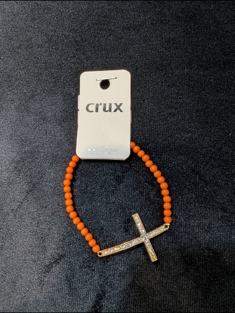 Crux Orange Beaded Bracelet with Gold Tone Crystal Cross